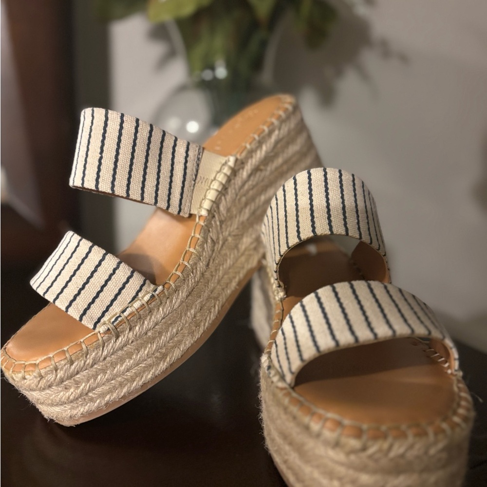Splendid Cream and Navy Striped Espadrille Wedges